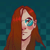 A stylised portrait of an androgynous person with round glasses, pale skin, and long red-brown hair covering half their face.